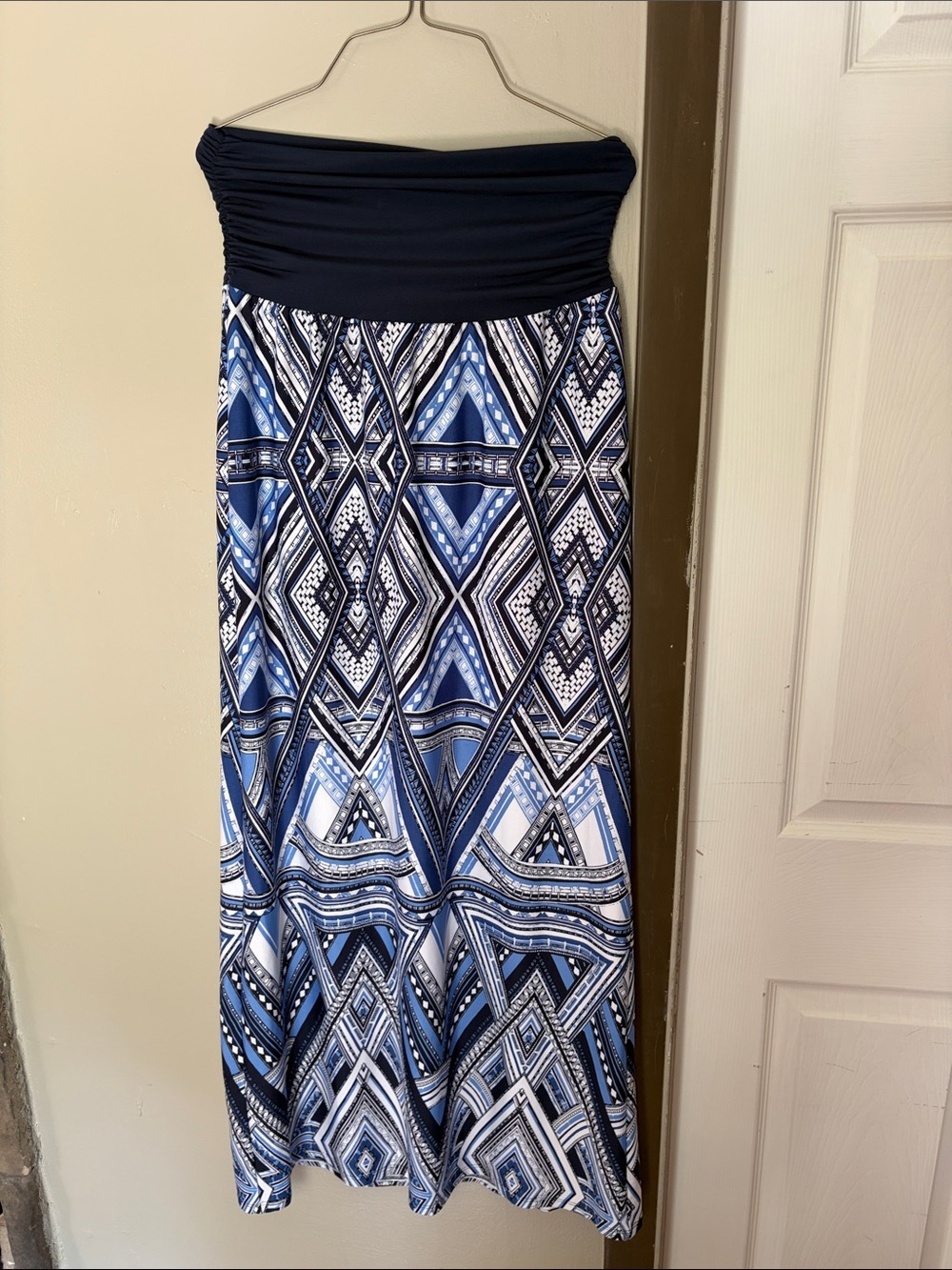Blue Patterned Maxi Skirt with Navy Waistband